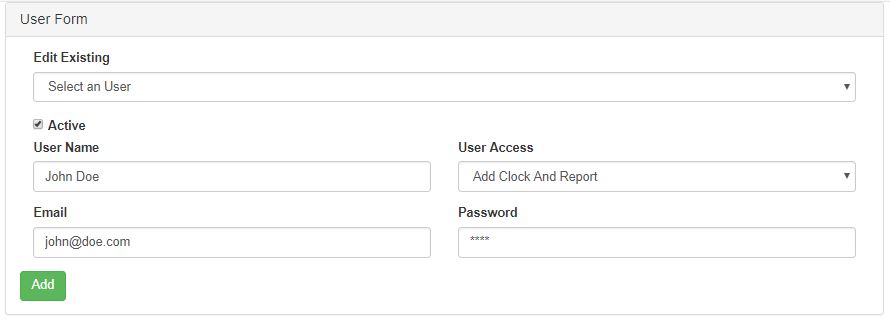 User form for entering users and access into the system